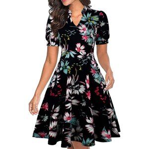 Women Floral 2 Short Puff Sleeve Flare Semi-Formal Summer Dress With Pockets